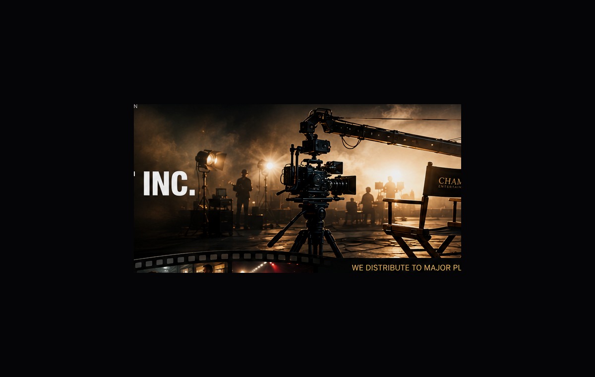 Professional motion-picture camera and production crew on a cinematic set